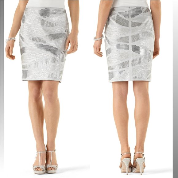 New WHBM Gray Silver Sequin Pencil Skirt Size 8 - Picture 3 of 16